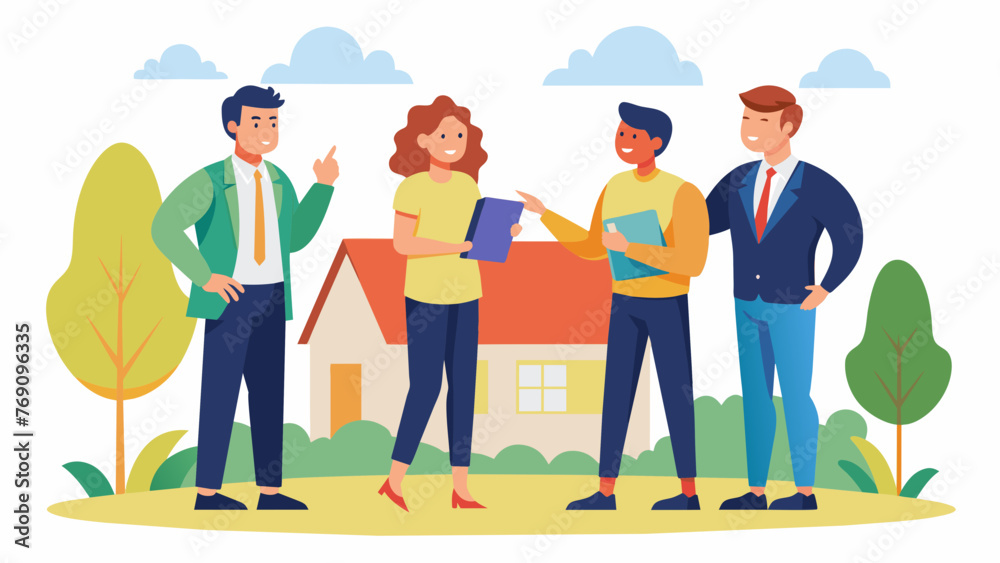 A group of individuals including a real estate attorney and a realtor stand in front of a large plot of land. The attorney is pointing to A group of individuals including a real estate attorney and a realtor stand in front of a large plot of land. The attorney is pointing to