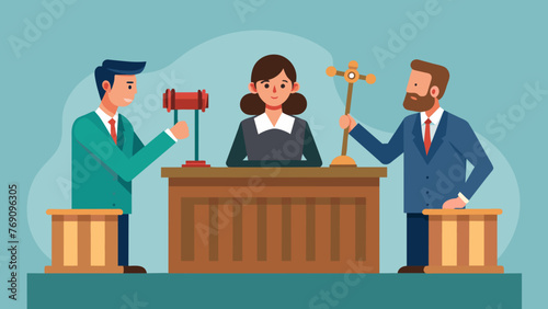 A courtroom scene with two lawyers presenting their arguments to a judge. The focus is on the judges gavel symbolizing the authoritative role of