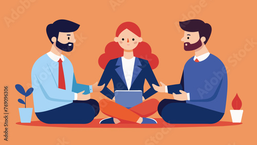 A mediator sits between two business exeives calmly facilitating a negotiation to reach a settlement for their dispute.