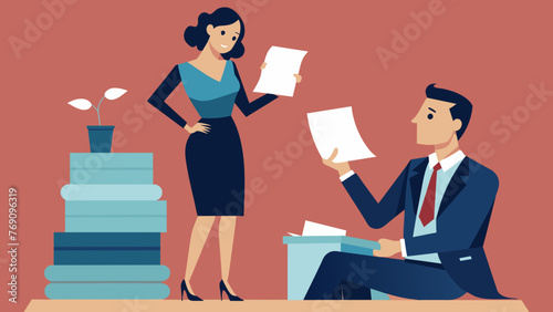 A welldressed woman flips through a stack of documents as she takes notes while a man in a suit gestures with his hands while speaking to her.