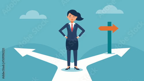 A businesswoman stands at a crossroads with one path labeled legal jargon and the other labeled plain language. This image represents the