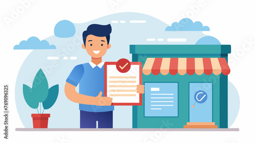 A business owner holding a signed and notarized commercial lease agreement with a satisfied expression on their face as they prepare to open