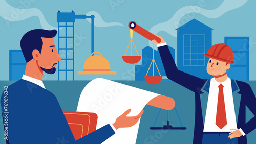 A closeup of a lawyers hand highlighting a specific section of a construction plan while another lawyer leans over to read it attentively.