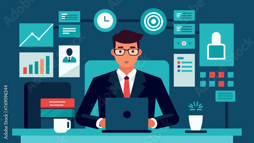 A professional in a suit sitting at a desk surrounded by screens displaying reports and data. The caption reads Legal expert specializing in