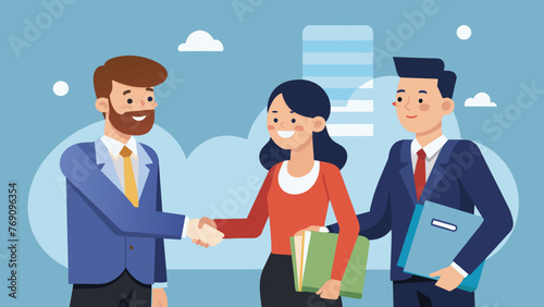 Two business lawyers shaking hands with a satisfied client after successfully negotiating a data privacy agreement.