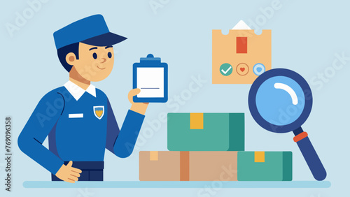A photograph of a customs agent examining a shipment of goods through a magnifying glass with a customs declaration form and a barcode scanner