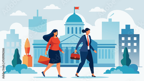 In a bustling city a businesswoman is seen walking with her legal counsel towards a government building presumably to discuss international