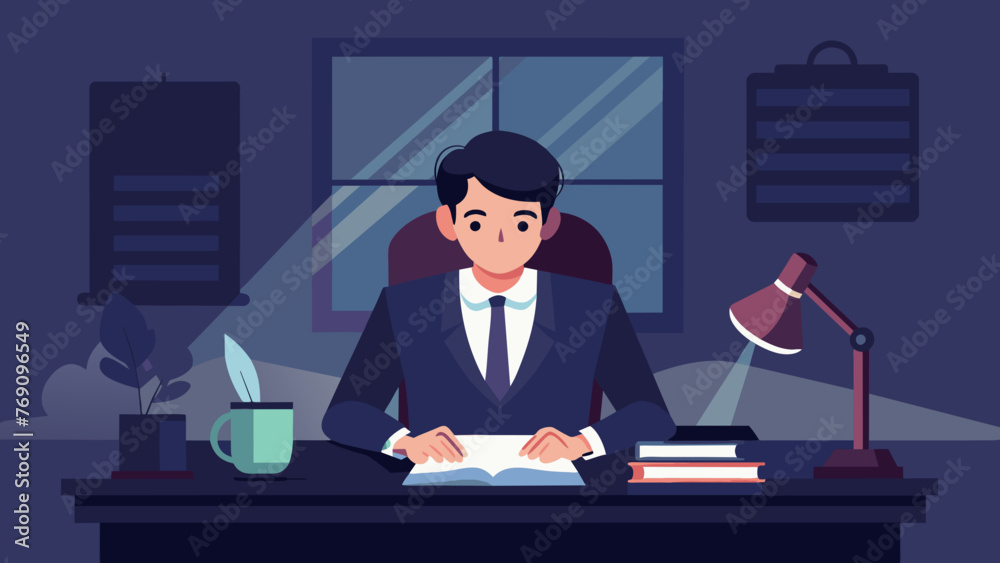 A young lawyer sits at their desk in a dimly lit office poring over pages of legal and taking notes as they prepare for a highly publicized