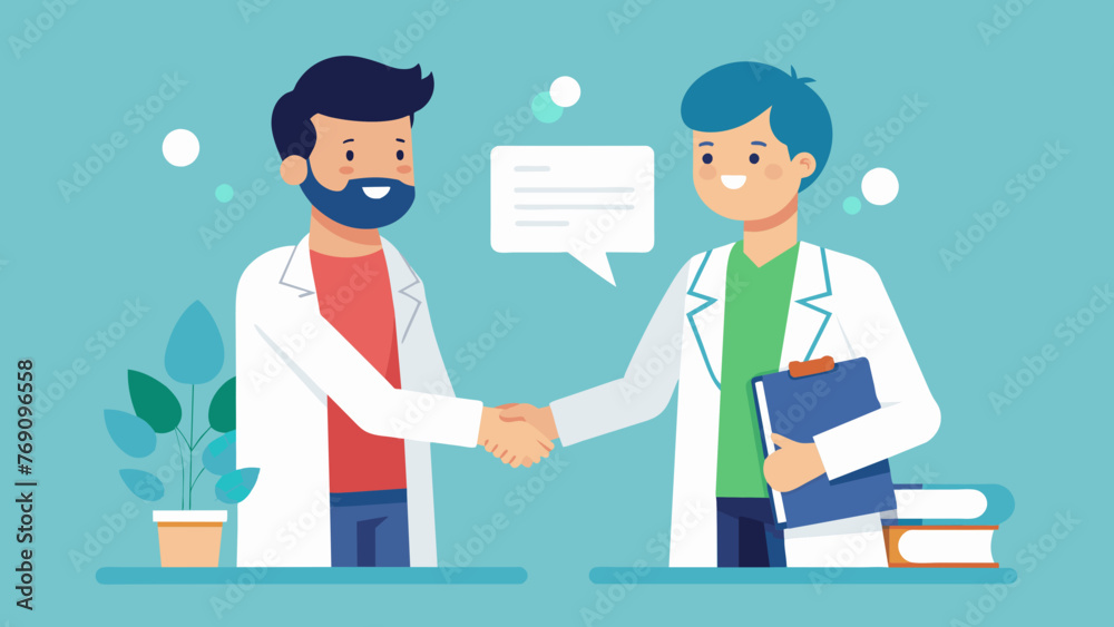 A doctor and lawyer shaking hands after signing a legally binding contract for partnership in a medical practice.