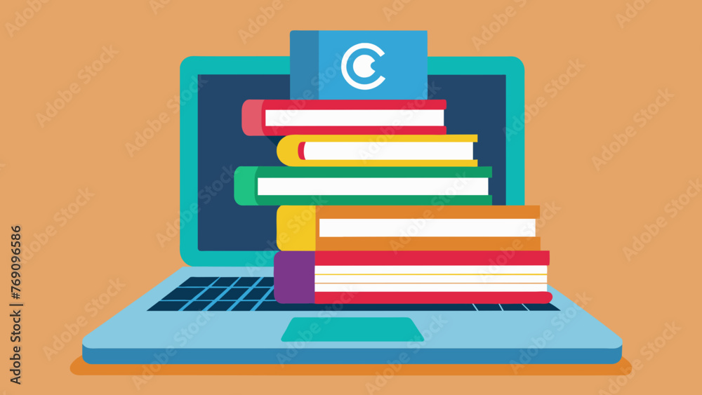 A laptop keyboard with a stack of colorful books serves as a symbol of the intersection between traditional written works and digital media A laptop keyboard with a stack of colorful books serves as a symbol of the intersection between traditional written works and digital media