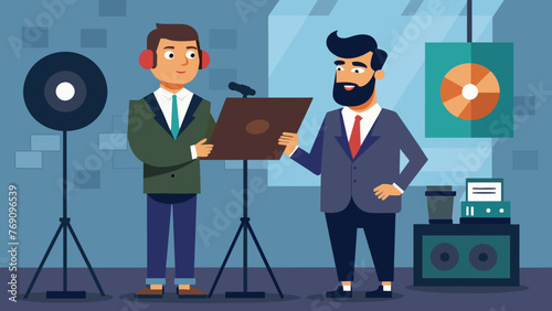 A lawyer stands beside a famous musician while they go over the details of a record deal in a recording studio.