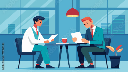 Amidst the hustle and bustle of a busy hospital two lawyers consult at a quiet corner table in the cafeteria. They review medical documents and
