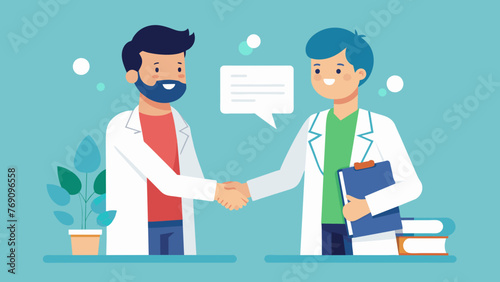A doctor and lawyer shaking hands after signing a legally binding contract for partnership in a medical practice.