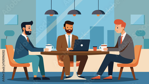 In a bustling coffee shop a lawyer sits across from two businessmen their laptops open as they discuss potential arbitration techniques for