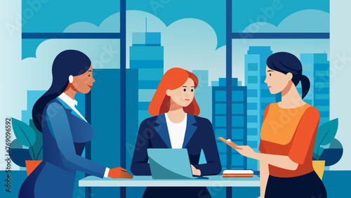 Two welldressed businesswomen stand in front of a large window overlooking a cityscape as they consult with their lawyer about the best