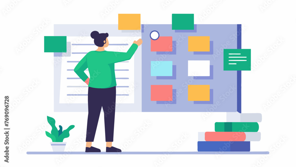 A person standing in front of a large board with postit notes organizing and categorizing different sections and aspects of legal documents - obrazy, fototapety, plakaty 