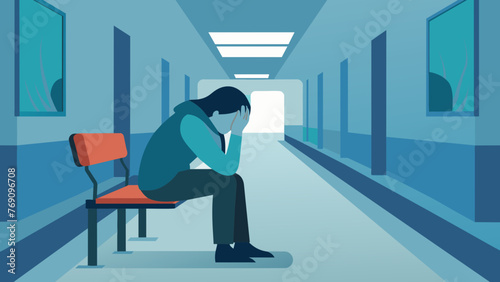 A person sitting alone on a bench head in their hands with a blurred hospital hallway in the background symbolizing the isolation and emotional