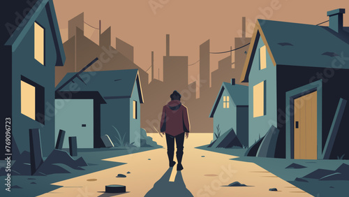 A person walking through a bleak rundown neighborhood passing by boardedup homes and closed businesses. The image represents the isolation and photo