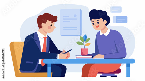 A lawyer and a client sitting at a table looking at a rental agreement and discussing its terms.