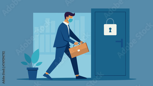 A person wearing a face mask and carrying a briefcase labeled confidential while walking into a secured building symbolizing the protection of