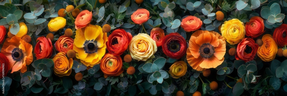 yellow roses, poppies and anemones as a floral background. a banner made up of different flowers and eucalyptus leaves. yellow roses, poppies and anemones as a floral background. a banner made up of different flowers and eucalyptus leaves.