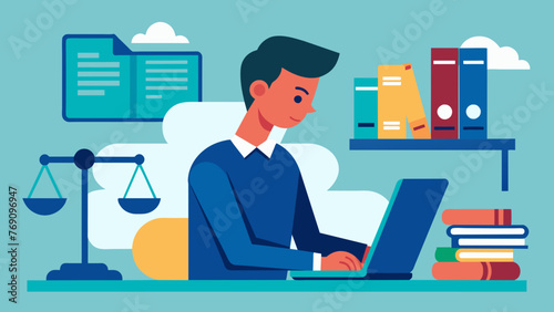 A person typing on a computer researching and analyzing laws and regulations related to education.