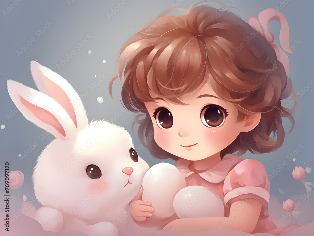 Illustration of a cute little girl with a bunny Illustration of a cute little girl with a bunny