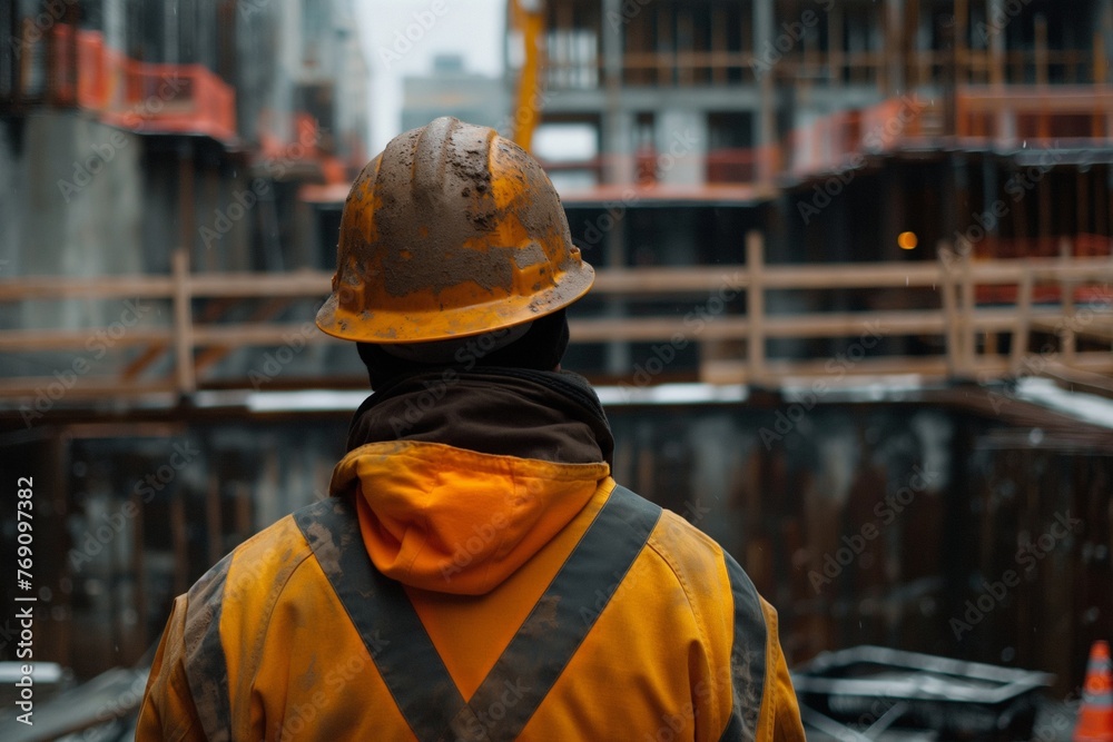 a construction worker back view and looking at the building, a construction worker looking at the building, construction worker, construction project, worker looking at the construction building 