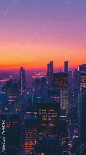 An expansive view of Chicago's urban landscape as the sky turns a mesmerizing purple, lights beginning to twinkle in the city below.