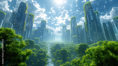 3d render of abstract art with surreal futuristic urban city with high told skyscrapers buildings with green trees around with blue sky on the back