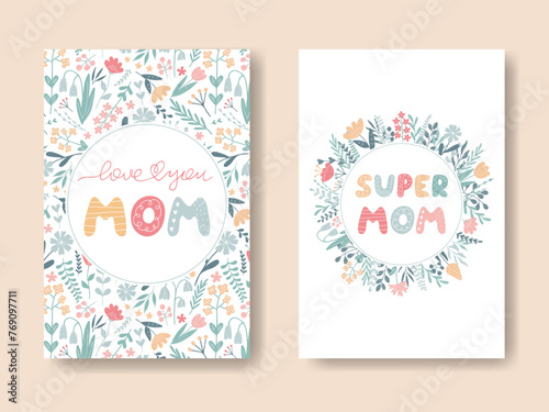 Mother's Day cute background set. Colorful Floral circle Frames with wishes for mom. Template for design greeting card, invitation, flyer, sale poster, banner