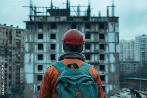 a construction worker back view and looking at the building, a construction worker looking at the building, construction worker, construction project, worker looking at the construction building  © MH