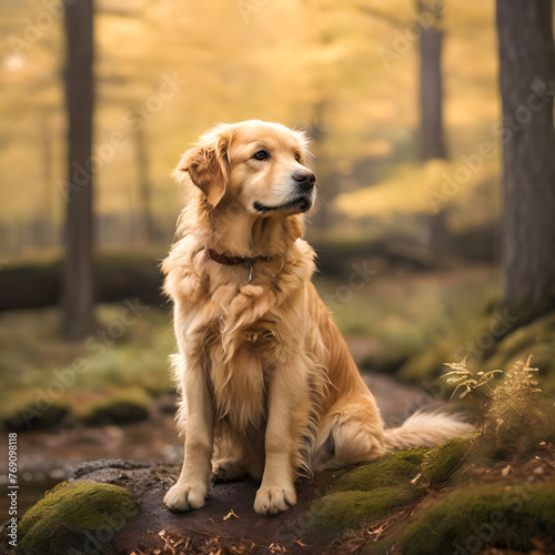 A solemn Golden Retriever dog sitting amidst a tranquil forest