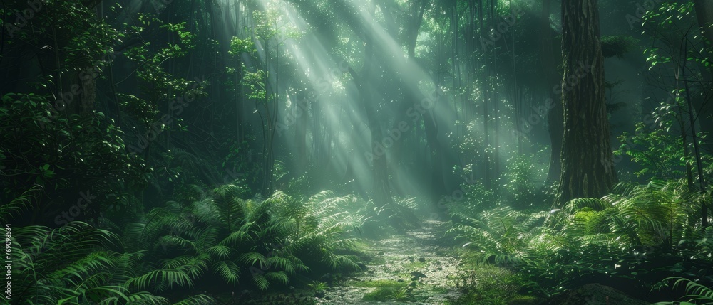 Morning light cascades into a forest glade, highlighting a dreamy path and the vibrant, mist-laden air among the trees.