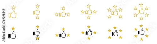 Value rank icons set. Hand husky, liked under golden stars symbol of success concept. Meaning, collection of vector rank badges in the form of golden stars