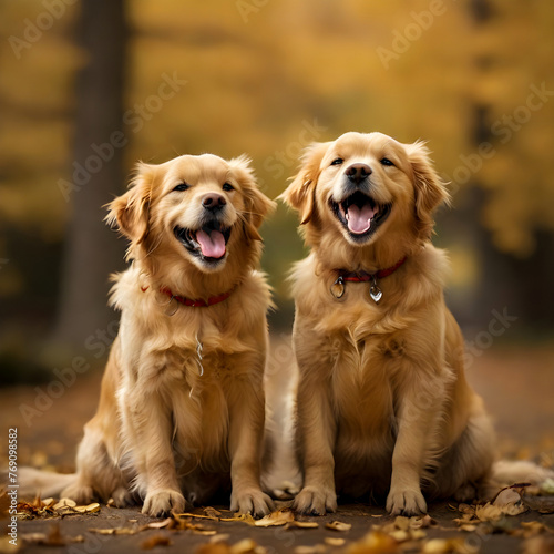 Two Golden Retrievers joyfully sit and affectionate bond between the dogs