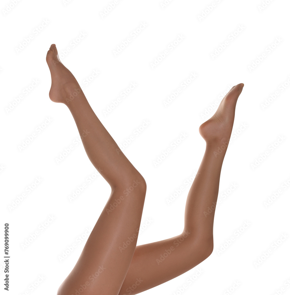 Woman with beautiful long legs wearing tights on white background, closeup Woman with beautiful long legs wearing tights on white background, closeup
