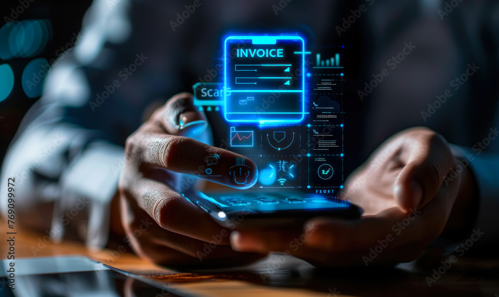 Businessman utilizing smartphone app with augmented reality interface for digital invoicing and billing solutions, streamlining financial operations Businessman utilizing smartphone app with augmented reality interface for digital invoicing and billing solutions, streamlining financial operations