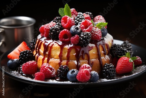 delectable bundt cake steals the spotlight  adorned with a burst of vibrant berries. Up close  the moist texture and rich colors create a feast for the eyes. Each berry adds a burst of sweetness