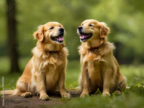 Two Golden Retrievers joyfully sit and affectionate bond between the dogs