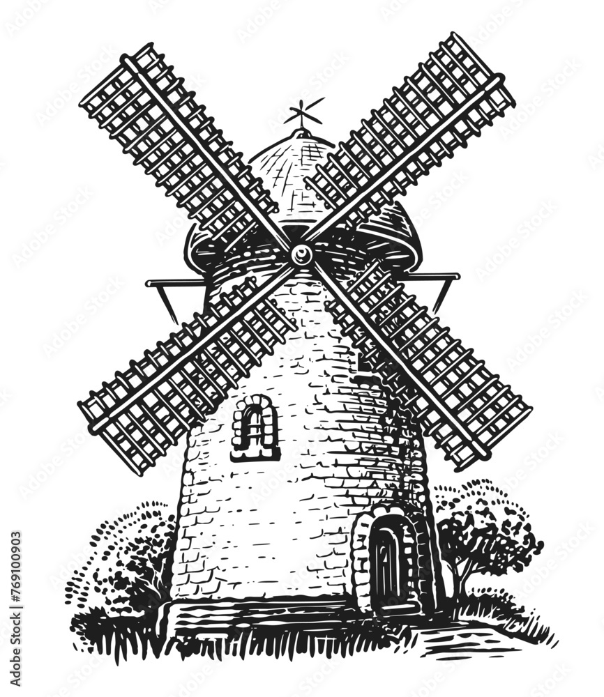 Old farm windmill. Sketch engraving style. Hand drawn mill vector illustration