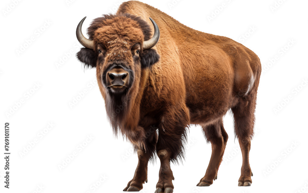 A powerful bison stands confidently before a pure white backdrop, showcasing its imposing presence A powerful bison stands confidently before a pure white backdrop, showcasing its imposing presence