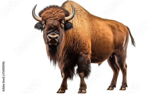 A grand buffalo poses confidently before a clean white backdrop