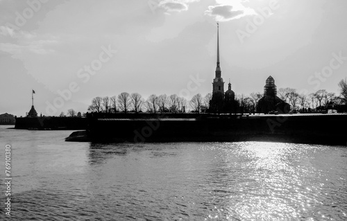 Bild auf Leinwand Neva River and Petr and Pavel fortress -monochrome in springtime   in St