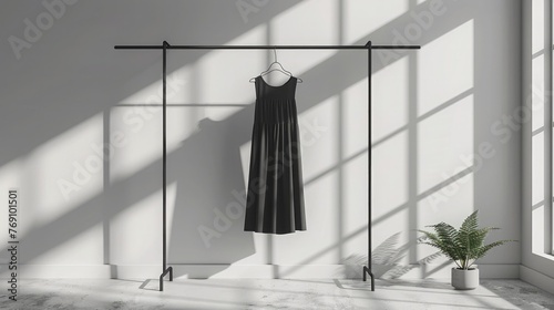 Photograph a unisex dress hanging on a clothes rack, emphasizing the design's simplicity and elegance against a minimalist background photo