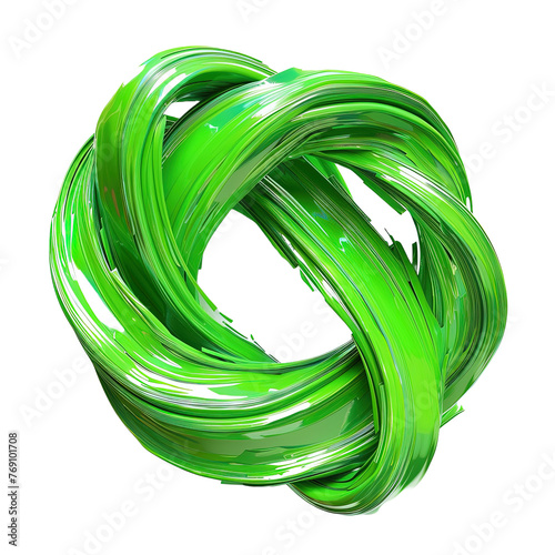 Twisted 3d rendering shape green paint brush strok isolated on white or transparent background