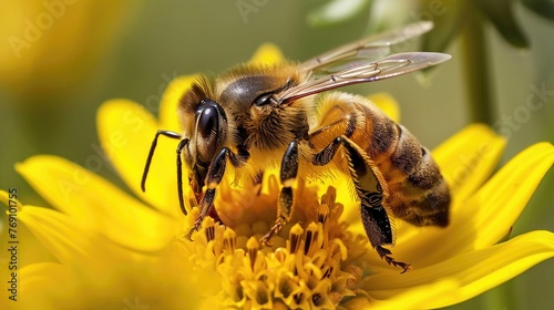 Hyper-Realistic Bee on a Blooming Yellow Flower