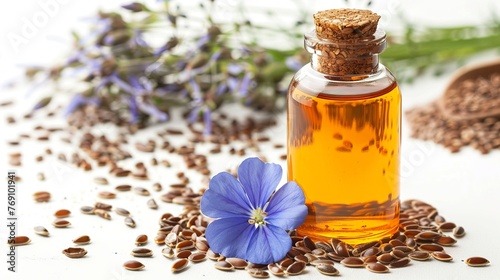 Commercial photography  close-up  white background  a bottle of linseed oil with an orange label  a bunch of linseeds and some linseed flowers in front