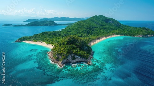 Aero view on Tortuga Island  revealing the island s lush greenery against a backdrop of crystal-clear waters that shimmer under the sunlight  emphasizing the pristine and untouched beauty of nature