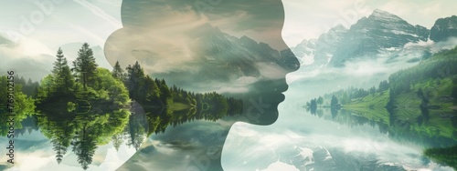 Outline of a human head containing a serene landscape background, symbolizing the concept of inner peace and mental tranquility with copy space photo